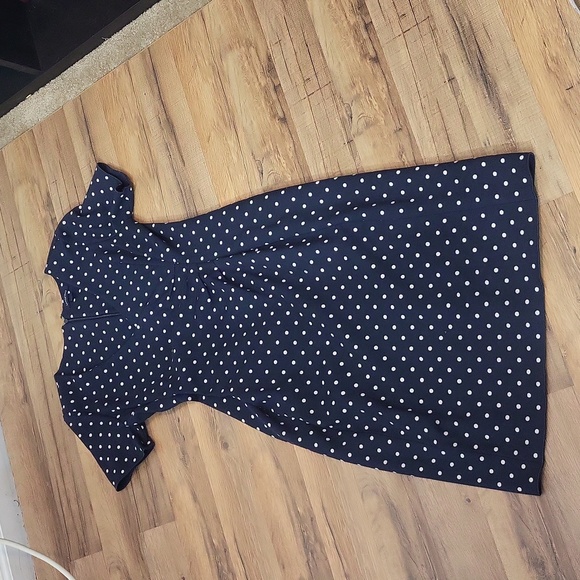 LANDS' END Navy Blue White Polka-dot Top Faux Wrap Side Ruched Knit Dress - Picture 3 of 12